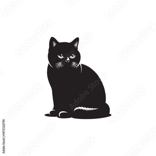 British Shorthair Vector Silhouette: Iconic and Sturdy Cat Illustration in Clean Vector Style, Showcasing the Breed’s Round Face, Plush Coat, and Distinctive Stocky Build in Profile.
