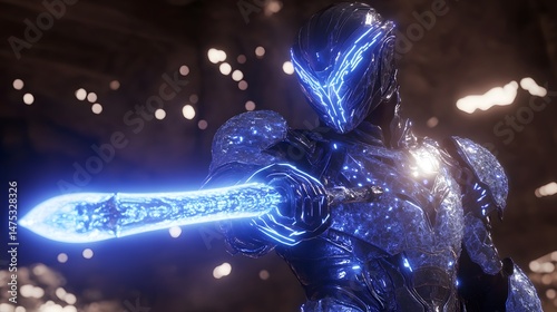 Cybernetic Knight: A futuristic knight, clad in luminescent armor, wields a glowing blade, standing ready in a dark, cavernous realm, embodying the fusion of technology and valor.