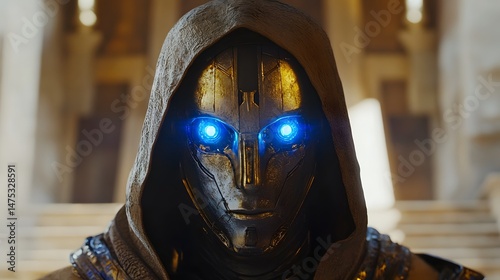 Mysterious Figure in the shadows: A close-up shot of a captivating, enigmatic figure with glowing eyes shrouded in darkness, sparking curiosity. 