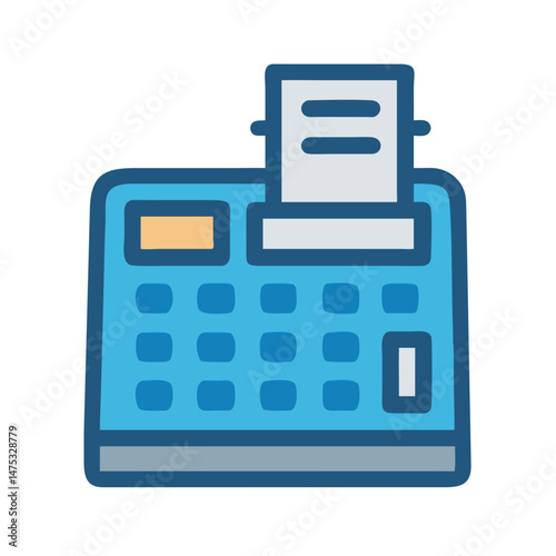 Stylized blue cash register illustration with paper receipt detail