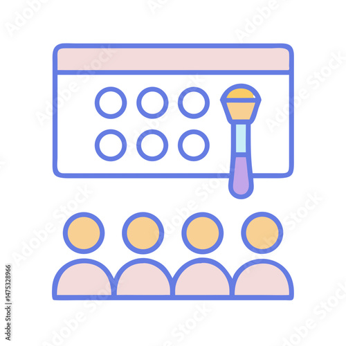 Presentation with audience and microphone in flat color design