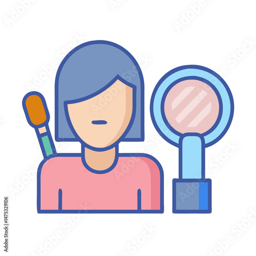Woman with mirror and brush icon on black background