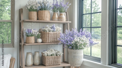 Rustic Wooden Shelf with Lavender and Daisy Arrangements in Pottery and Baskets