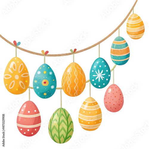 Egg garland png decorative egg string png holiday garland png colorful egg decor png Easter party decoration png hanging egg line png white background image