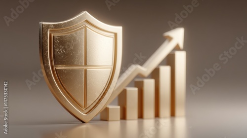 Elegant 3d composition of gold shield and rising bar graph