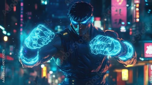 Neon City Fighter: A cyberpunk warrior with glowing neon blue fists stands defiant in a neon-lit cityscape, ready to engage in an epic battle.