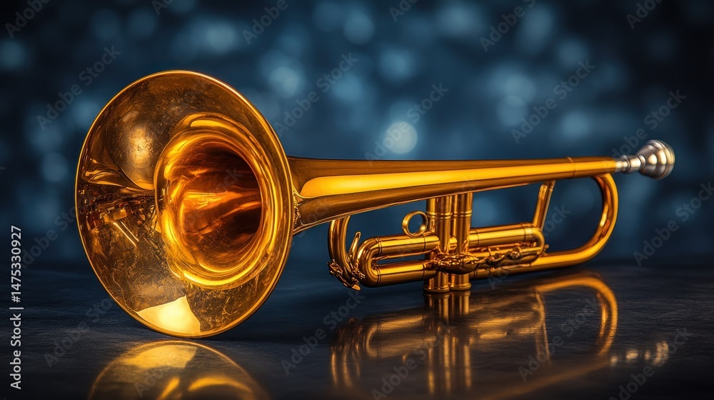 Obraz premium Polished brass trumpet on dark background