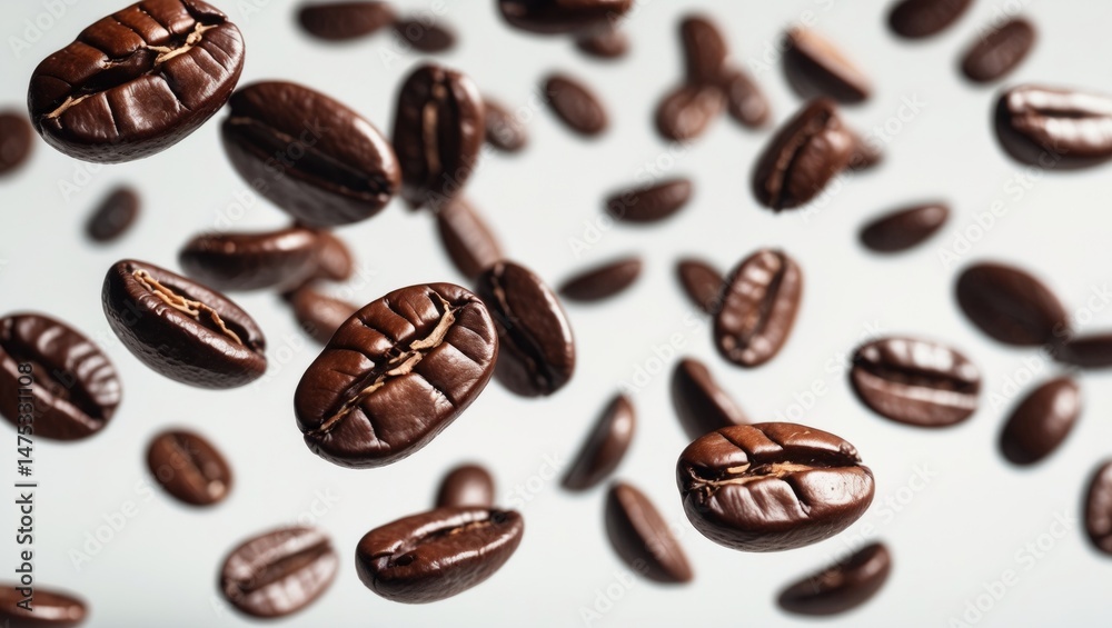 Group of raw cacao beans levitating and falling in the air