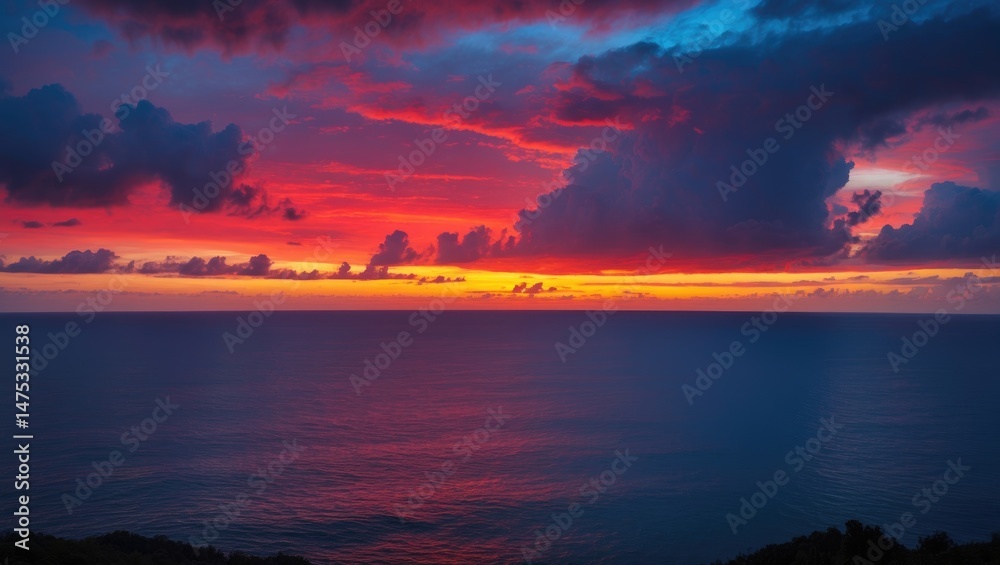 Fototapeta premium Colorful Twilight Scene with Dark Blue and Purple Clouds over the Sea at Sunset