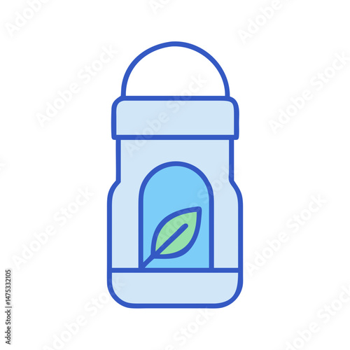 Roll-on deodorant bottle with green leaf detail, minimalist design