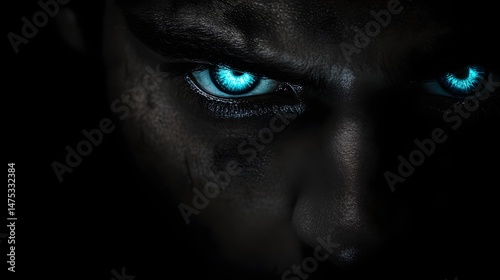 Mysterious Gaze: Illuminated blue eyes peer intently from the shadows, creating a captivating and enigmatic close-up.