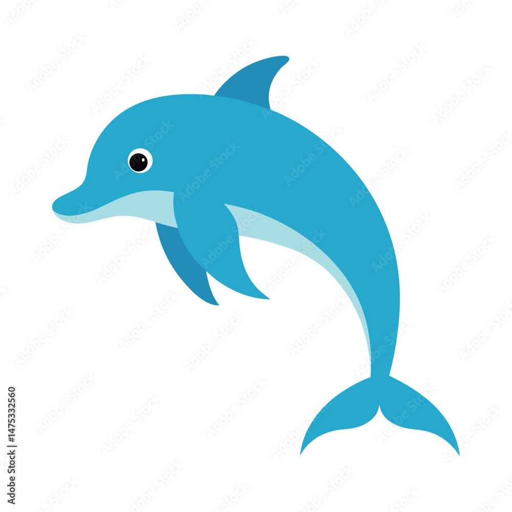 Fototapeta premium Cute blue dolphin jumping isolated on white background for kids designs