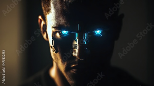 Techno-Vision: A close-up shot reveals a human, their face partially obscured in shadows, but with vibrant, futuristic, and bright blue eyes dominating the scene.