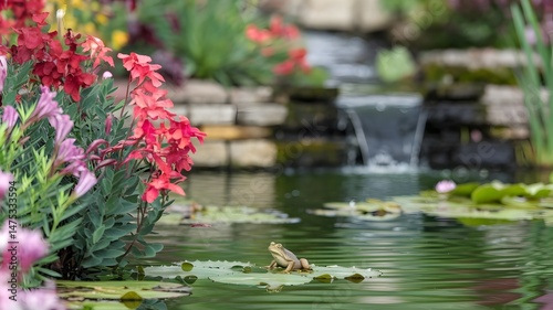 A vibrant pond scene featuring lush flowers, water lilies, and a gentle waterfall. The pond is reflecting the sunlight, creating a serene and captivating ambiance