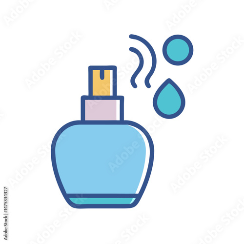 Minimalist perfume bottle illustration with light blue aroma waves