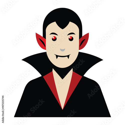 Vector illustration of a cartoon vampire with red eyes wearing a black cape