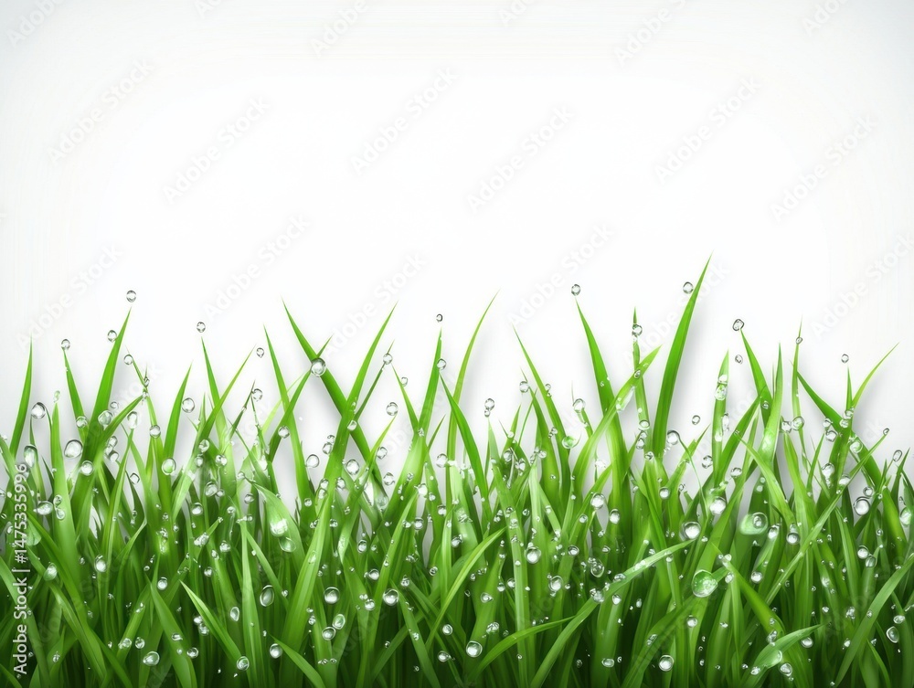 Obraz premium Fresh green grass with water droplets glistening close up studio shot on white background symbolizing nature and growth