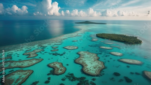 Fototapeta Naklejka Na Ścianę i Meble -  Beautiful drone perspective of Mayotte's island, lagoon, and vibrant coral reef