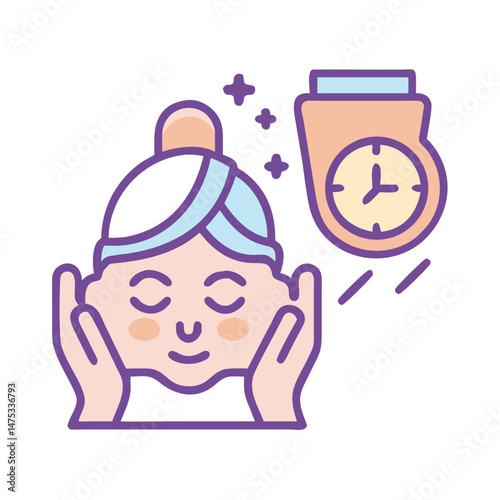 Woman applying skincare with timer flat vector illustration