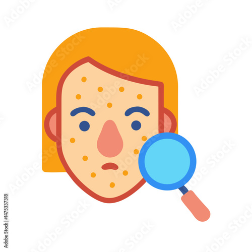 Woman's face with acne, examined with a magnifying glass