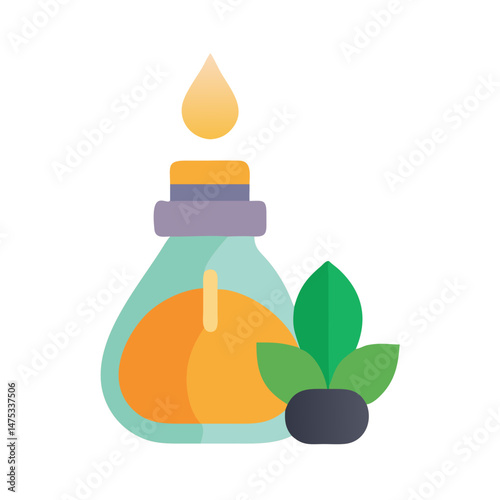 Essential oil bottle with plant on a black background