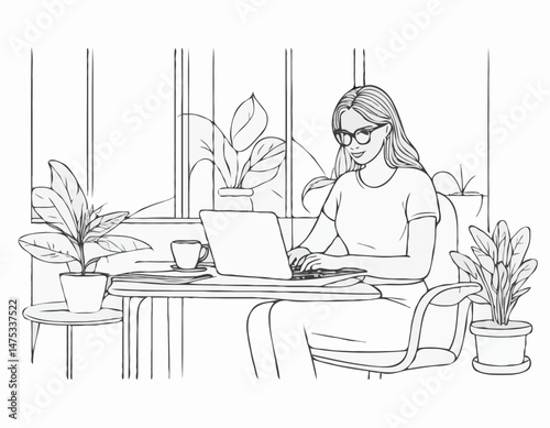 Line Art Vector Illustration of a Woman Working Remotely from Home, Laptop, Coffee Cup, Plants, Cozy Workspace, Freelance Lifestyle Concept for Blog Post Headers.