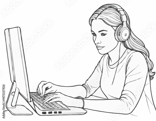 Abstract Line Art Design Featuring a Woman with Headphones Working on a Computer, Concentrated Expression, Remote Learning, Online Course, Education Concept Vector.