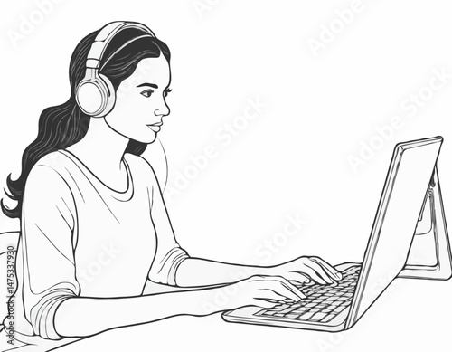 Abstract Line Art Design Featuring a Woman with Headphones Working on a Computer, Concentrated Expression, Remote Learning, Online Course, Education Concept Vector.