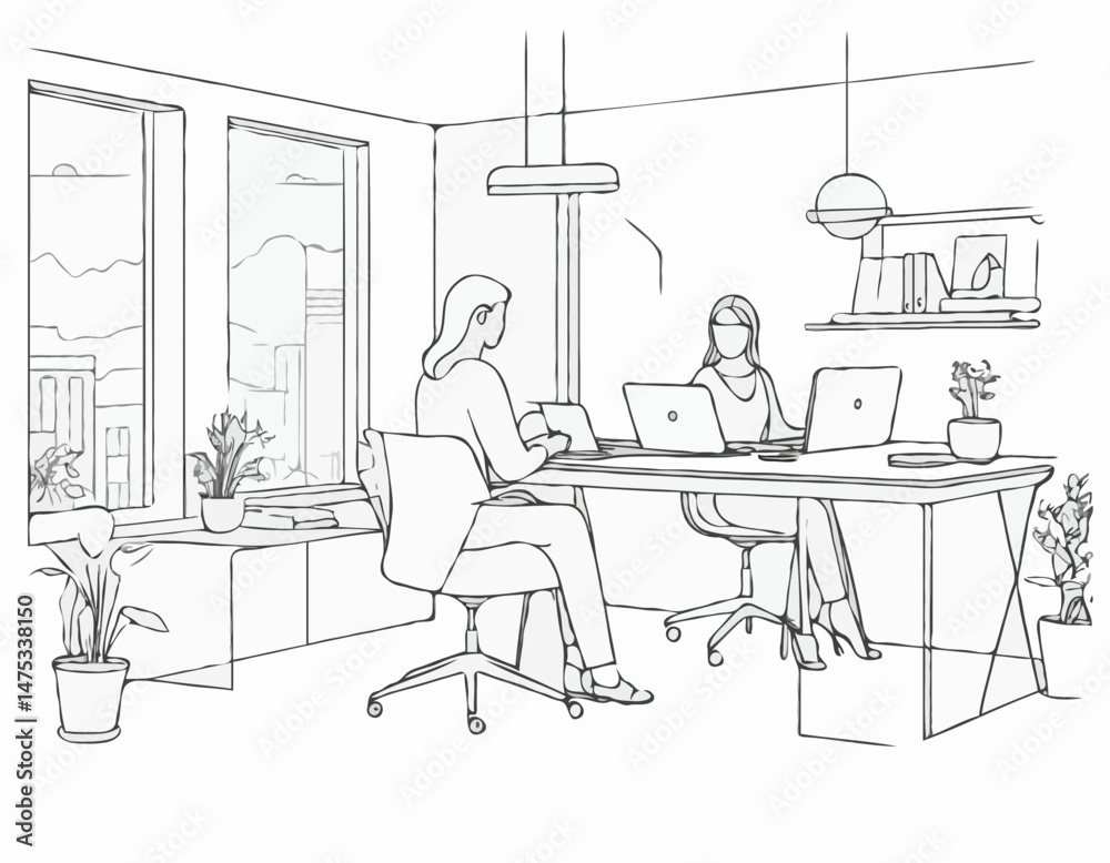 Elegant Line Art Illustration of a Couple Working Remotely Together, Shared Workspace, Home Office, Collaboration, Entrepreneurship, Vector Design for Business Articles. Elegant Line Art Illustration of a Couple Working Remotely Together, Shared Workspace, Home Office, Collaboration, Entrepreneurship, Vector Design for Business Articles.