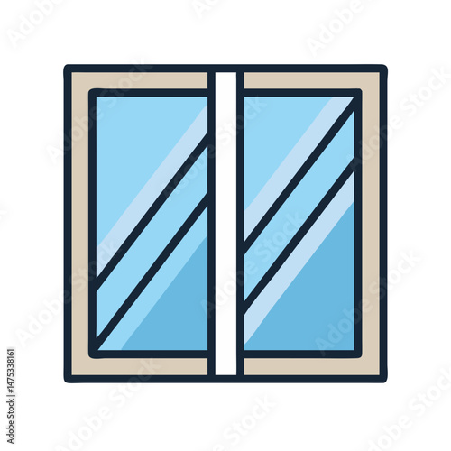 Cartoon window illustration with blue glass and neutral frame