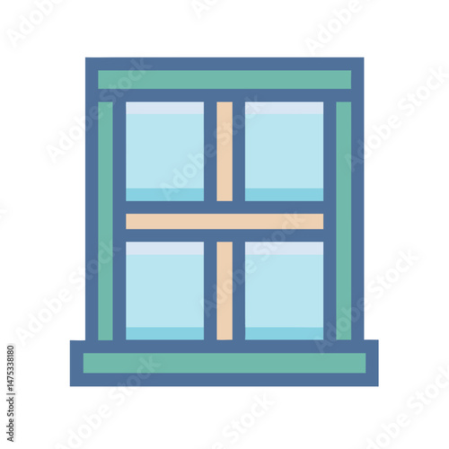 Pixelated window illustration with teal frame and light blue panes
