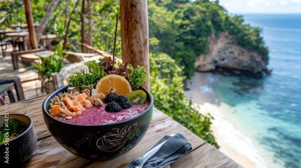 Obraz premium A colorful smoothie bowl on a wooden table overlooking a bay