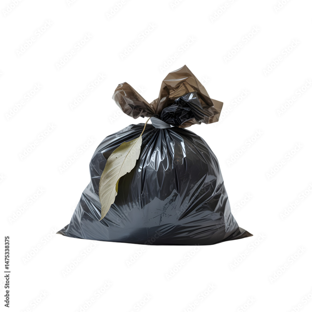 Black Garbage Bag Isolated On White Background With A Single Brown Leaf Black Garbage Bag Isolated On White Background With A Single Brown Leaf