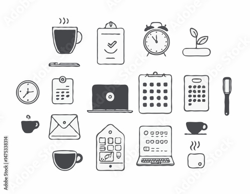 Simple Line Art Icon Set of Remote Work Elements, Laptop, Coffee, Video Call, Calendar, Clock, Time Management, Freelance Tools, Vector Pack for UI Design.
