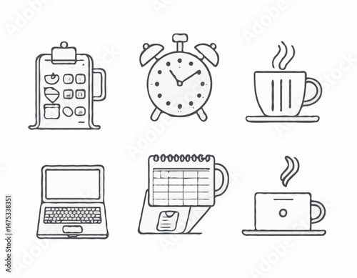 Simple Line Art Icon Set of Remote Work Elements, Laptop, Coffee, Video Call, Calendar, Clock, Time Management, Freelance Tools, Vector Pack for UI Design.