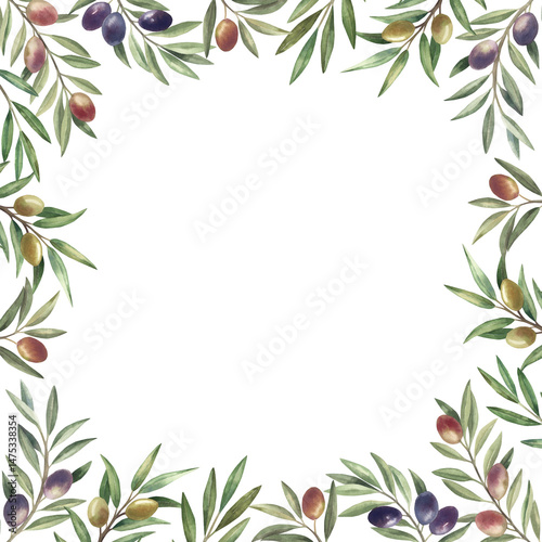 Wallpaper Mural Square frame with olive branches with fruits and green leaves. Hand drawn botanical watercolor illustration. Isolated on a white background. Template for greeting and invitational cards. Torontodigital.ca