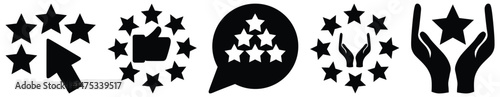 Customer review, rating, and feedback icon set. Containing testimonial, survey, opinion, satisfaction, service, life events, quality, evaluation, test, result, communication. Vector illustration.