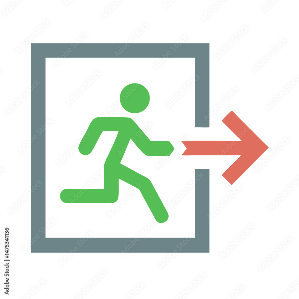 Emergency exit sign with running person and arrow graphic Emergency exit sign with running person and arrow graphic