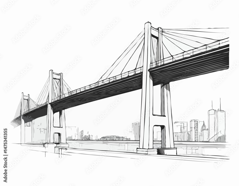 Linear Architectural Sketch of a Modern Bridge, Urban Infrastructure Design for Engineering Presentations and Construction Company Logos. Linear Architectural Sketch of a Modern Bridge, Urban Infrastructure Design for Engineering Presentations and Construction Company Logos.