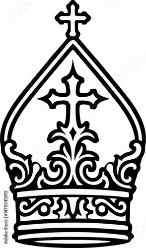 Minimalist Black and White Vector of Traditional Bishop Mitre with Cross – Clergy Hat Line Art Illustration