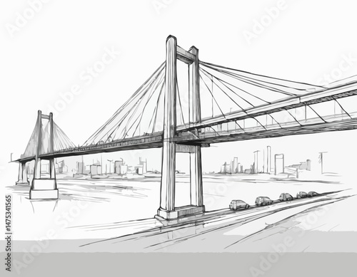 Linear Architectural Sketch of a Modern Bridge, Urban Infrastructure Design for Engineering Presentations and Construction Company Logos.