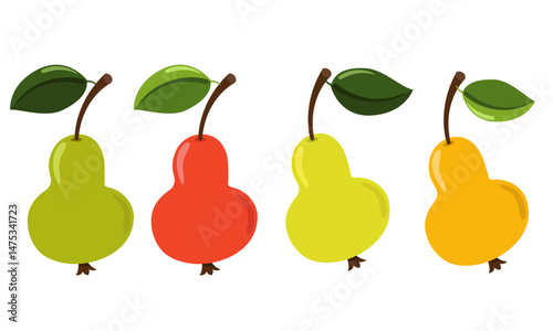 A pear with a leaf. A set of different colors. Flat style.