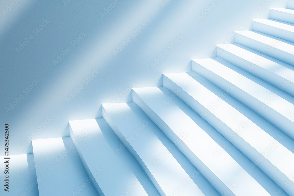 Obraz premium staircase with a blue background. The stairs are white and the background is blue. The stairs are very long and the background is very light blue