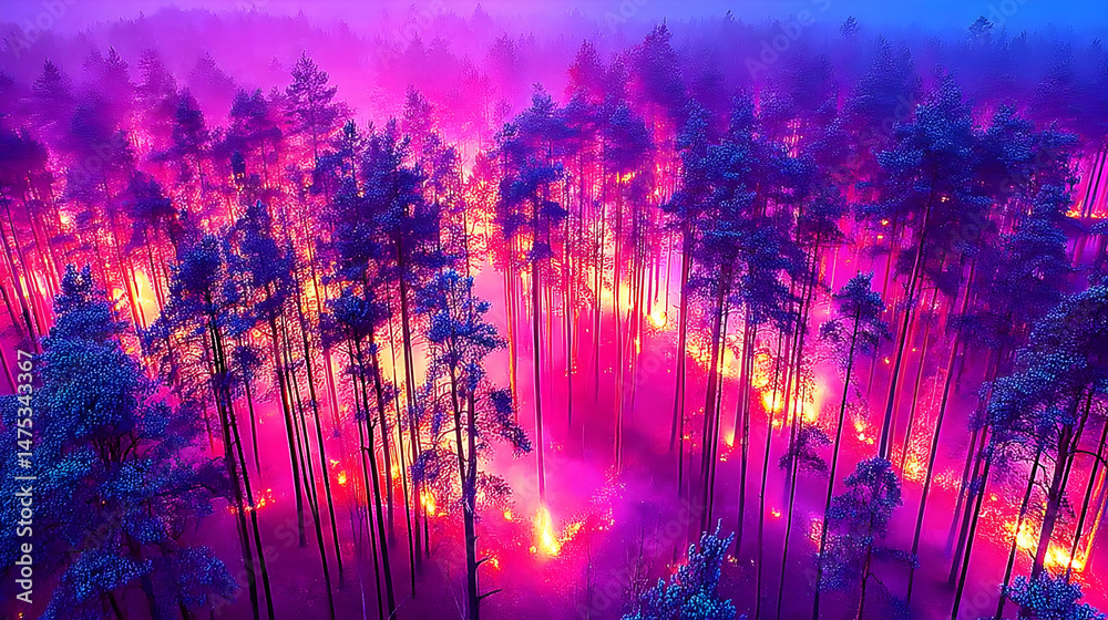 Obraz premium eruptions in a dense pine forest with thick smoke rising