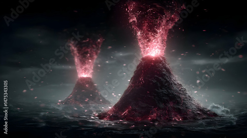 outbursts in a volcanic plain with red sky and falling ash photo