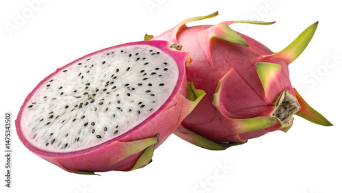 Fresh Dragon Fruit Whole and Sliced on White Background – Exotic Tropical Fruit Photography