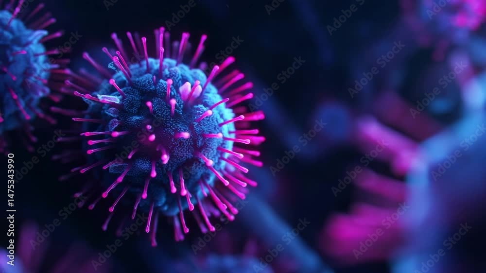 Close-up of spherical virus structure under magnification, showing radiant surface projections and soft lighting in deep purple-blue tones