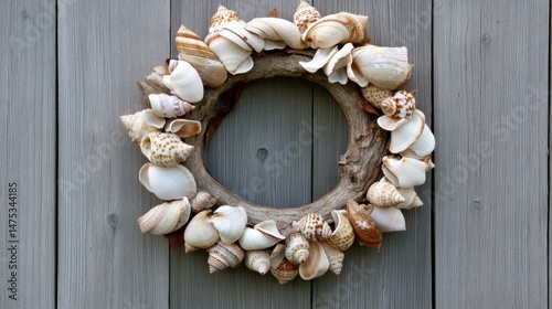 Seashell Wreath on Grey Wooden Background