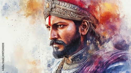 Maharana pratap portrait illustration in watercolor style.