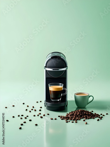 A brown cup of hot coffee with beans and a glass of espresso offers a caffeinated morning beverage